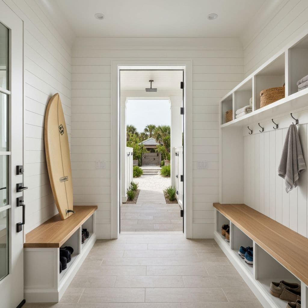 Modern coastal mudroom with beach-to-home transition design