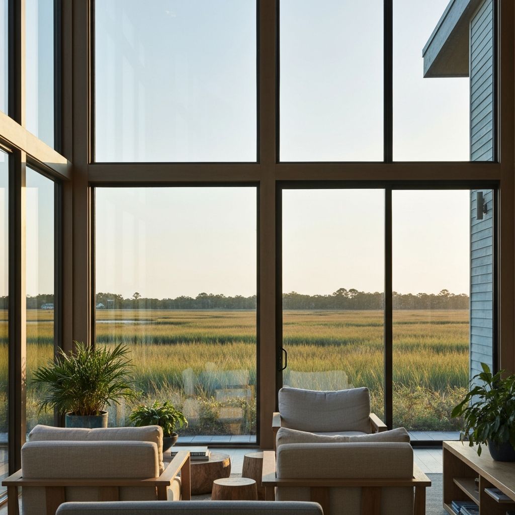 Floor-to-ceiling windows overlooking Hampstead marsh views